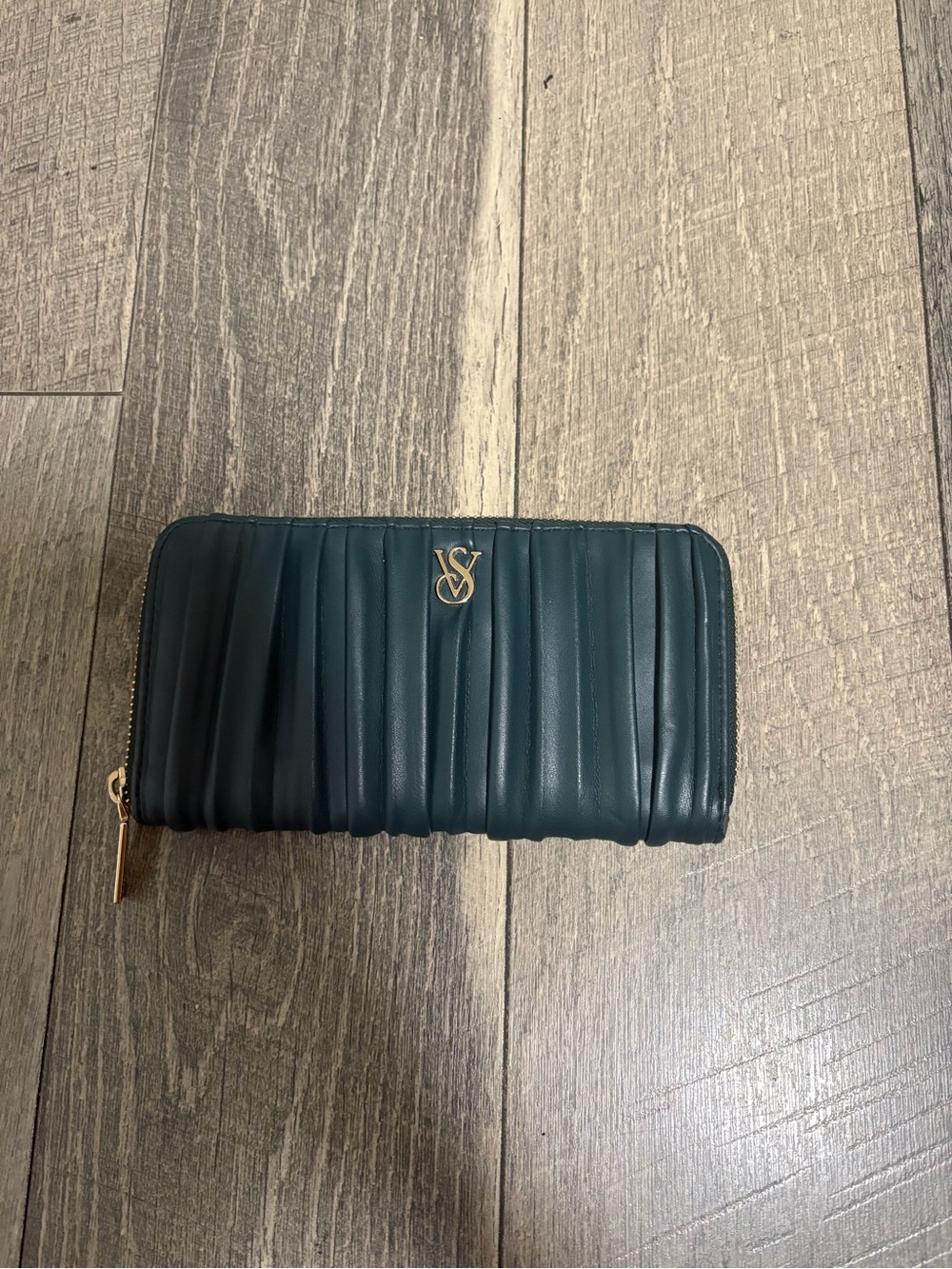 PINK Victoria's Secret Deep Teal Quilted Zip-Around Wallet with Gold Logo
